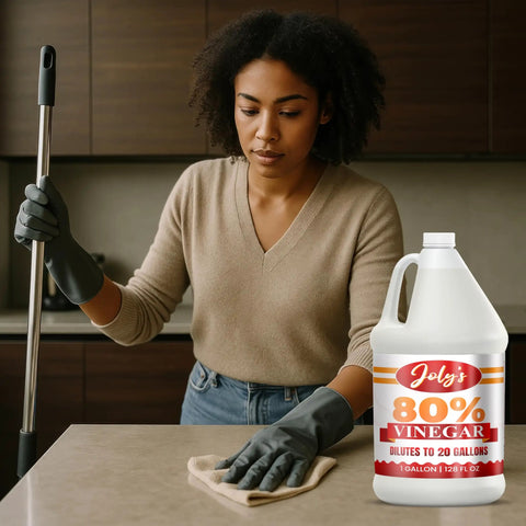 Heavy Duty Industrial Strength Vinegar Concentrate With Eighty Percent Acetic Acid For Tough Cleaning At Home And Outdoor Jobs Dilutes Easily Technical Grade Safe For Septic Systems 128 Ounce Bottle next to a woman cleaning a countertop.