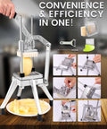 Ezcasch commercial potato cutter with four stainless steel blades, front view.