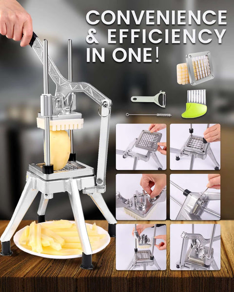 Ezcasch commercial potato cutter with four stainless steel blades, front view.