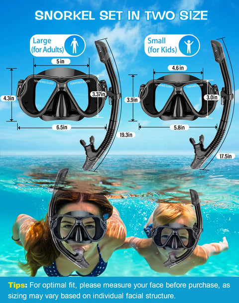 Dry Snorkel Set With Panoramic Wide View Anti Fog Mask For Adults And Kids, Leaks Free Scuba Gear size comparison chart