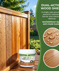 Slick All In One Cedar Wood Stain And Sealer One Gallon Non Toxic Waterproof Finish on a wooden fence with water droplets.