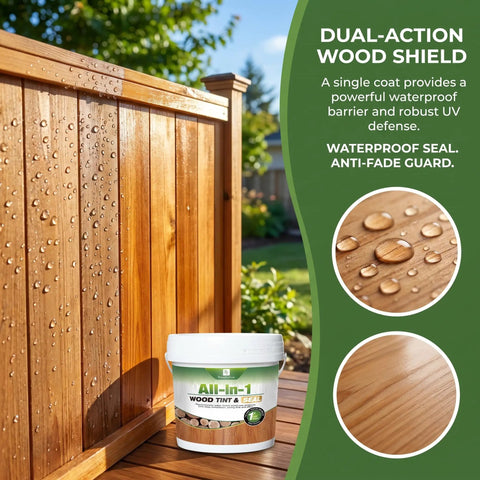 Slick All In One Cedar Wood Stain And Sealer One Gallon Non Toxic Waterproof Finish on a wooden fence with water droplets.