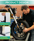Mechanic using All In One Motorcycle Fork Spring Compressor Tool Kit With Adjustable Length And Width For Sport Bikes Cruisers And Touring Telescopic Forks Ride Ready Pro Grade Fork Service Gear on a motorcycle