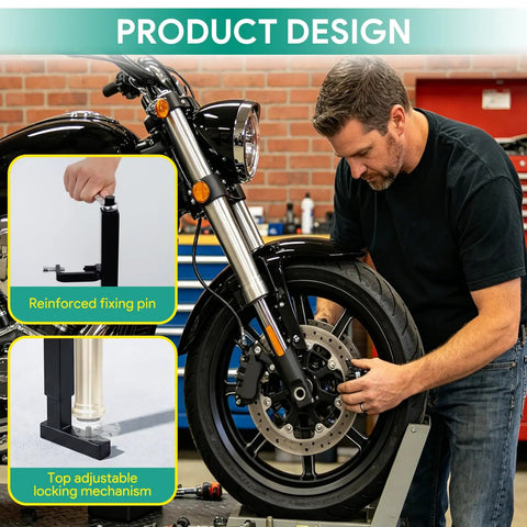 Mechanic using All In One Motorcycle Fork Spring Compressor Tool Kit With Adjustable Length And Width For Sport Bikes Cruisers And Touring Telescopic Forks Ride Ready Pro Grade Fork Service Gear on a motorcycle