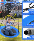 Child on blue saucer swing from 65-Foot Ninja Warrior Obstacle Course For Kids With Swing And 11 Obstacles For Backyard Tree Slackline Jungle Gym Outdoor Playset With Saucer Swing 360 Degree Rotation Ninja Twister Trapeze Bar Climbing Net Ladder