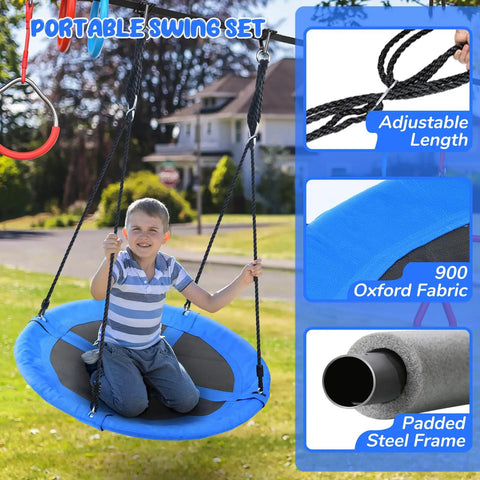 Child on blue saucer swing from 65-Foot Ninja Warrior Obstacle Course For Kids With Swing And 11 Obstacles For Backyard Tree Slackline Jungle Gym Outdoor Playset With Saucer Swing 360 Degree Rotation Ninja Twister Trapeze Bar Climbing Net Ladder