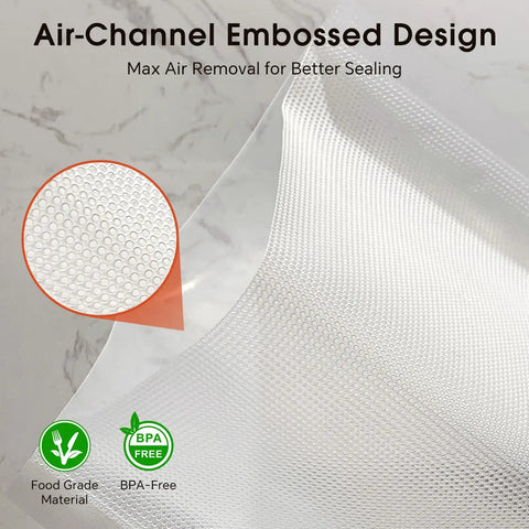 Close-up of embossed 8 By 12 Inch Vacuum Sealer Bags Pre Cut Quart Size with BPA free label.