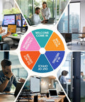 Collage showing six status options for Six Status Six Inch Silver Office Door Sign With Magnetic Or Adhesive Backing Rotating Options