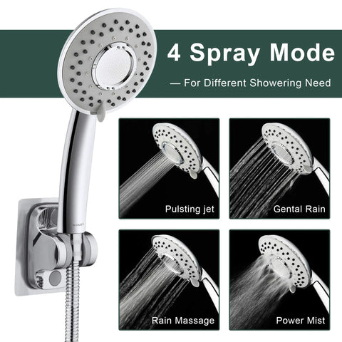 Chrome shower head with four spray modes, part of the Sink Hose Shower Sprayer Attachment With Five Adapters For Bathroom.