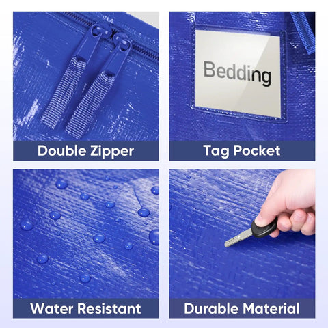 Close-up of 12 Pack Of Extra Large Heavy Duty Moving Bags With Zippers And Thick Handles, featuring water resistance and durable material.