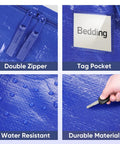 Close-up of Ultra Large Moving Bags with heavy duty zippers, sturdy carry handles, and waterproof material, 16 pack, blue.
