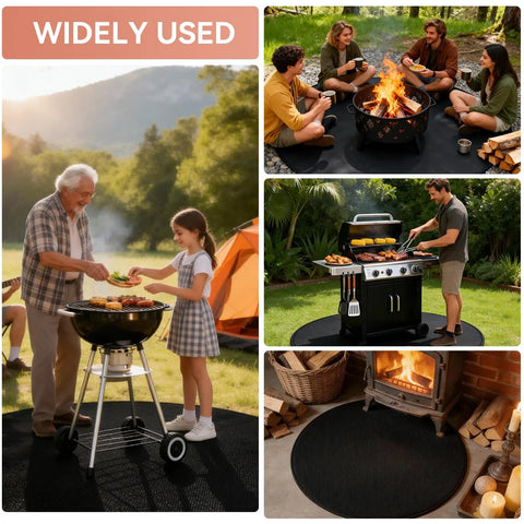 42 Inch Double Sided Fire Pit Mat For Outdoor BBQ And Camping Stoves, Fireproof Round Grill Mat Protector under various outdoor uses.