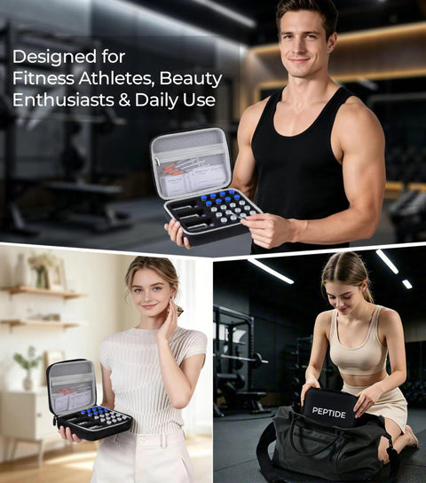 People holding a Fridge Ready Peptide Storage Case For Vials And BAC Water Insulin Fridge Holder Travel Case in a gym and living room.