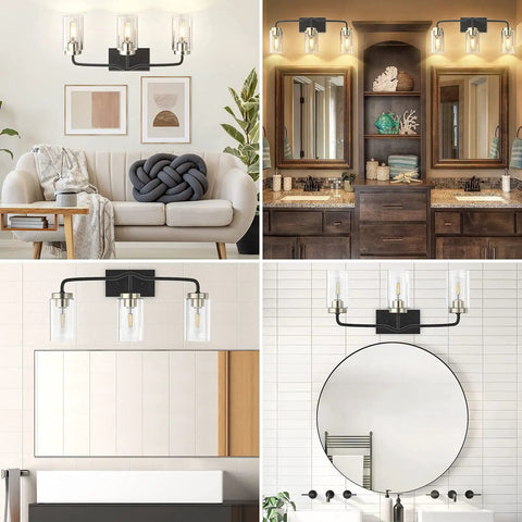 Lit Modern Bathroom Vanity Light Fixture in Matte Black, 3 Light Wall Lamp with Clear Glass Shades displayed in different rooms