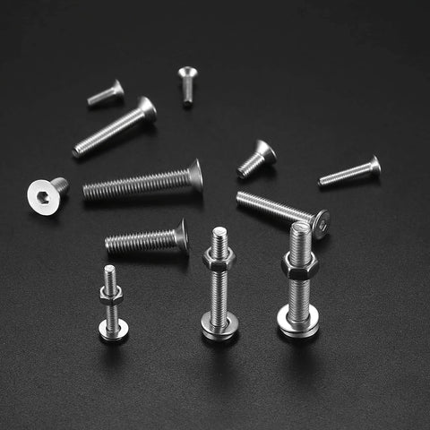 Must Have Assorted Stainless Steel Countersunk Head Hex Socket Screws Kit With Nuts And Washers M3 M4 M5 on black background