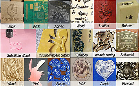 Engravings on various materials like wood, acrylic, PCB, showcasing versatility of 3018-PRO Desktop CNC Router Kit With USB 3 Axis Engraver.