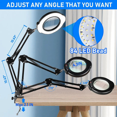 10X Magnifying Lamp With Light And Stand For Reading Crafts Jewelry Sewing, LED Desk Lamp, adjustable arm and 84 LEDs