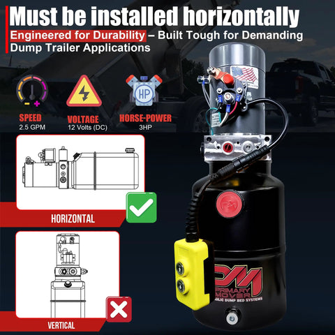 12V DC Single Acting Dump Trailer Hydraulic Pump With Steel Reservoir And Remote Controller, 6 Quart Capacity, durable power unit