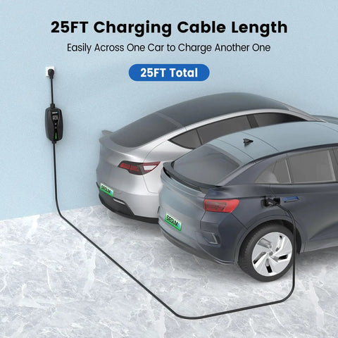 Heavy Duty Solid Level 2 Ev Charger 40 Amp Wall Mount With Smart WiFi App Control Etl Certified J1772 Port For Bevs And Phews Straight Out The Box with 25ft charging cable connecting two cars.
