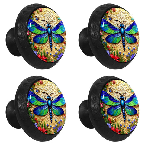 Slick Black 4 Pack 35MM Cabinet Knobs For Kitchen Cabinets And Dressers featuring colorful dragonfly design on round pulls
