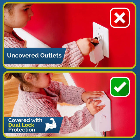 Child using Dual Lock Outlet Cover Box For Baby Proofing 2 Pack Easy 3 Step Install With Screws Extra Inside Space For Plugs