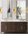 Mid Century Modern Starburst Wall Sconce Gold Finish Vanity Light for Bathroom shown with mirrors and wood cabinet