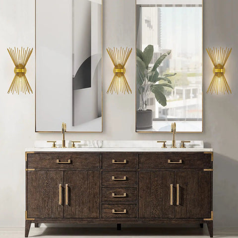 Mid Century Modern Starburst Wall Sconce Gold Finish Vanity Light for Bathroom shown with mirrors and wood cabinet