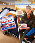 TLIEAO 150-piece first aid kit in a clear red case with blue latches; shown in luggage and outdoors.