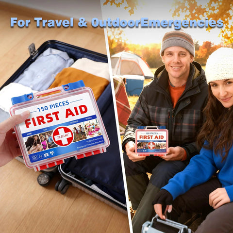 TLIEAO 150-piece first aid kit in a clear red case with blue latches; shown in luggage and outdoors.