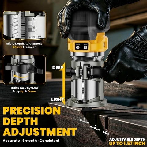 Killer Torque Cordless Compact Router With Brushless Motor Churning Out 30000 Rpm For Flawless Edge Trimming And Precise Routing Tasks Bare Tool showcasing precision depth adjustment features.