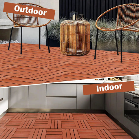 Interlocking Plastic Deck Tiles For Outdoor Spaces 36 Pieces 12x12 Inch Brown Waterproof All Weather Patio Tiles used in indoor and outdoor settings