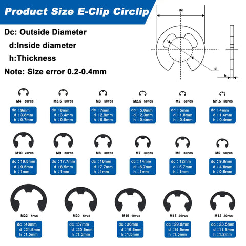 Dope External E Clip Circlip Retaining Rings Kit 550 Pcs With Carbon Steel Rings includes size chart from M1.5 to M22