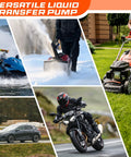 Battery-powered siphon pump for gas, diesel, and water; 47-inch hose; collage of jet ski, mower, car, motorcycle