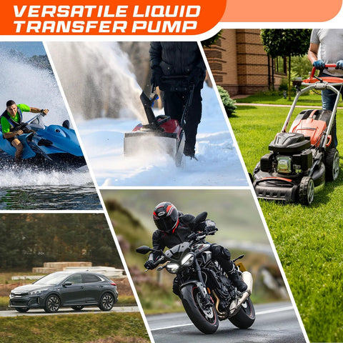 Battery-powered siphon pump for gas, diesel, and water; 47-inch hose; collage of jet ski, mower, car, motorcycle
