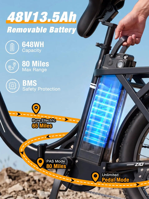 Person removing the 48V 13.5Ah battery from a Foldable Electric Bike for Adults With 1200W Peak Motor, 80 miles range visible.