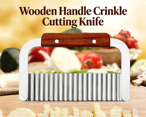French fry slicer with wooden handle and stainless steel crinkle blade, front view