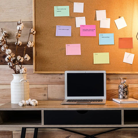 10 Pack To Do List Sticky Notes 3x4 Inches Square Lined Notepads With 50 Sheets Each on corkboard above desk