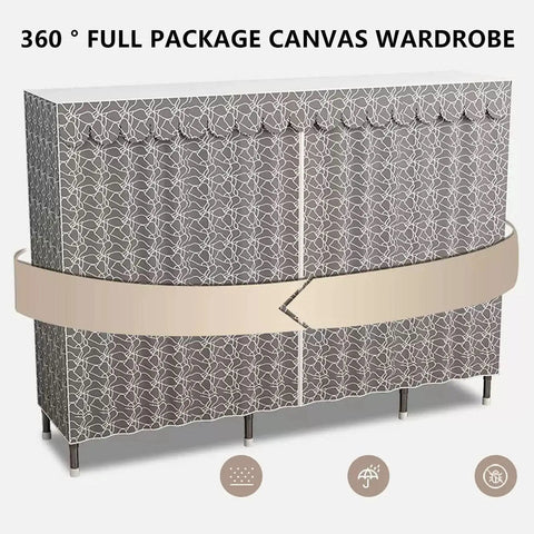 Heavy Duty Canvas Wardrobe Closet, Steel Frame, Long Hanging Bar & Storage Shelves, Portable Fabric Clothes Organizer for Bedroom, Dorm & Apartment