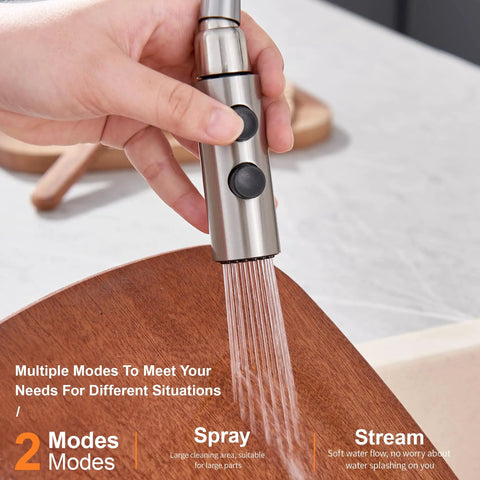 Universal Kitchen Faucet Replacement Head Pull Down Spray Nozzle With Fifteen Heavy Duty Adapters Two Function Sweet Brushed Nickel Metal Sink Sprayer Hassle Free Swap Total Game Changer in use with water flow.