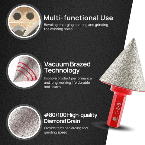 Diamond core drill bit set, 10 pcs with beveling chamfer bit, triangle shank for porcelain tile and stone – front view