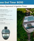 Three Quarter Inch Hose End Battery Operated Programmable Timer with LCD Display on faucet in garden setting.