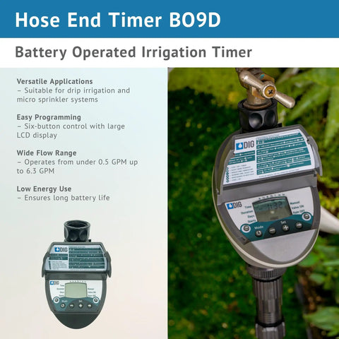 Three Quarter Inch Hose End Battery Operated Programmable Timer with LCD Display on faucet in garden setting.