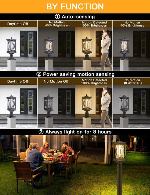 No Brainer Outdoor Post Lantern With PIR Motion Sensor And Dusk To Dawn Sensor Black Aluminum Pillar Light With Crackle Glass features and functions