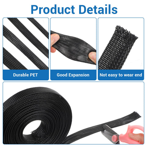 131 Ft Expandable Braided Cable Sleeve Wire Loom All In One Kit showing durable PET material and good expansion details