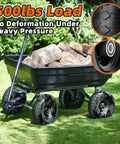 Flat Free 4.10/3.50-4 Solid Tire Wheel Kit on garden cart with logs, showcasing 500lb capacity and airless wheels, 10 inch black.