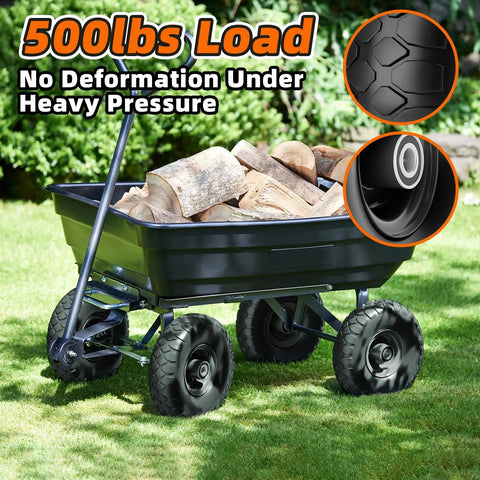 Flat Free 4.10/3.50-4 Solid Tire Wheel Kit on garden cart with logs, showcasing 500lb capacity and airless wheels, 10 inch black.