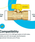 Brass Gas Ball Valve Half Inch FIP, 600 PSI WOG, Straight Inline, Quarter Turn Handle for LP Gas and Air up to 175 PSI