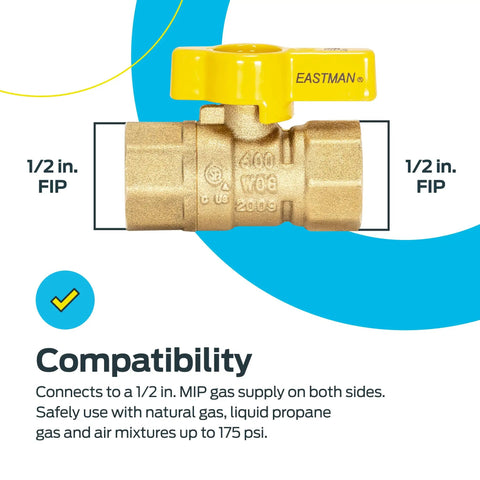 Brass Gas Ball Valve Half Inch FIP, 600 PSI WOG, Straight Inline, Quarter Turn Handle for LP Gas and Air up to 175 PSI