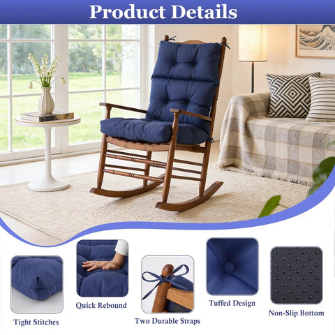 All Weather Memory Foam Rocking Chair Cushion Set Navy Blue With High Back Design Waterproof And Fade Resistant Indoor Outdoor Rocking Chair Pads With Ties For Cozy Comfort Fits Most Chairs 23 By 44 Inches on a wooden chair in a living room setting.