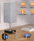 Set Of 2 USB Nightstand Lamps With Grey Fabric Shade Small Table Lamps, charging devices, USB ports, bedroom or home office use.
